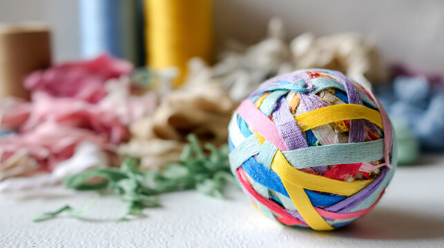 Vibrant textile scrap ball on white background, showcasing colorful craft materials and eco-friendly texture for creative and sustainable projects