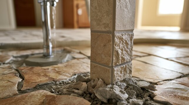 Close-up of broken tile floor with damaged base