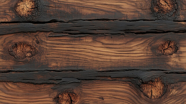 burnt wooden planks texture background with knots and cracks natural wood grain surface