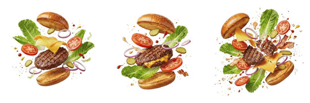 Flying Burger Ingredients with Splashing Sauce Isolated on White Background - Conceptual Fast Food Explosion for Restaurant Advertising, Menu Design, Culinary Art, and Tasty Food Graphics Assets