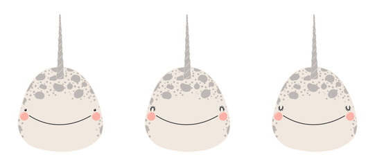 Cute little narwhal face illustration isolated set. Kawaii cartoon character. Wild animal, baby animal, wildlife, nature, fauna. Kids print, design element, clip art collection. Hand drawn flat vector © Maria Skrigan