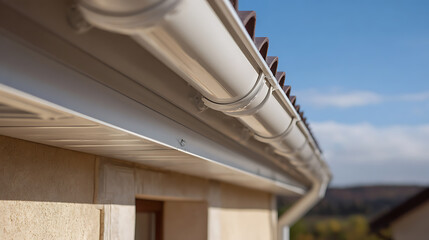 Naklejka premium Clean White Rain Gutter System on a Residential Building Exterior Against a Clear Blue Sky, Modern Home Improvement Architecture Detail, Sunny Day
