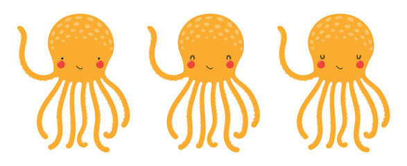 Cute little octopus illustration isolated set. Kawaii cartoon character. Wild animal, baby animal, wildlife, nature, fauna. Kids print, design element, clip art collection. Hand drawn flat vector © Maria Skrigan