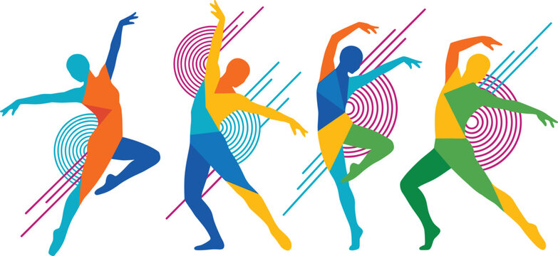 Vibrant abstract geometric dancer silhouettes set with colorful polygons and dynamic lines for modern performing arts and creative movement design concepts