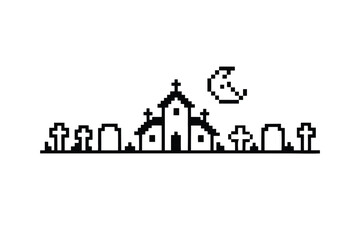 Naklejka premium Concept Pixel Art Black and White Haunted Moon Night Silhouette Vector
