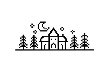 Naklejka premium Evocative Pixel Art Black and White Haunted Moon Night Silhouette Artwork