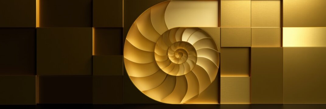 A Fibonacci spiral formed by golden rectangles, each filled with a gradient from gold to cream, set against a dark background with warm tones.