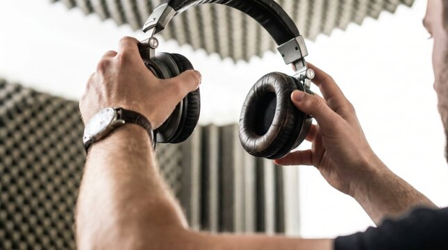 Musician holding professional studio headphones inside a soundproof recording booth