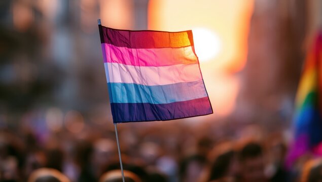 Bisexual pride flag waving in a crowd during sunset