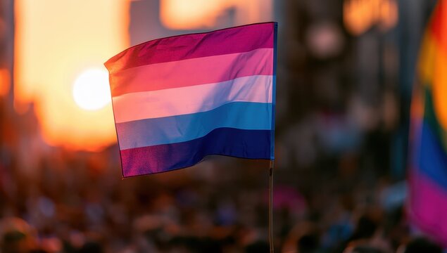 Bisexual pride flag waving in a crowd at sunset