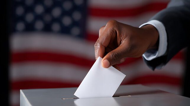 Close up of an individual's hand with dark skin tone casting a ballot into a clear box, symbolizing democratic participation and civic duty