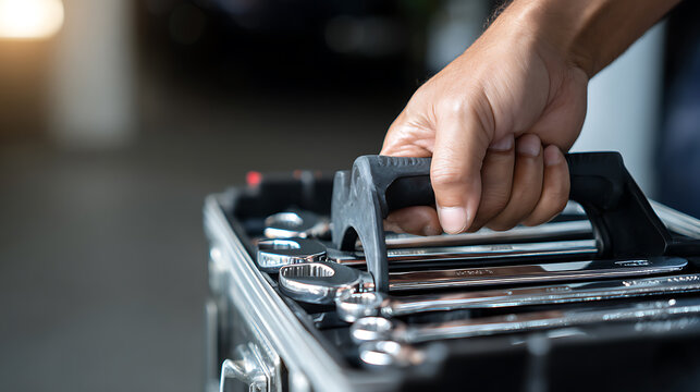 Professional Hand Carry Tool Box with Wrenches and Other Tools for Repair and Maintenance, Focused on Work Ethic and Precision in a Workshop Setting
