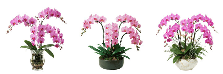 Naklejka premium Elegant Pink Orchid Plant in a White Ceramic Pot Isolated on White Background - Tropical Indoor Houseplant for Luxury Home Decor, Spa Mockups, and Urban Jungle Lifestyle Assets