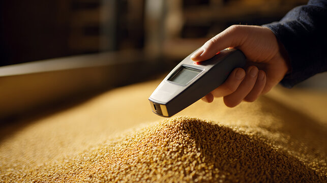 Hand hold a modern device to measure or check grain quality and moisture content in large agricultural storage bins or on a farm