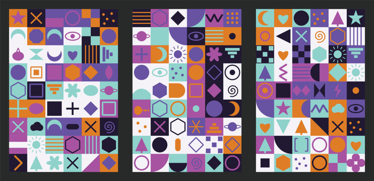 Modern abstract geometric pattern triptych with orange and purple shapes and icons on dark background