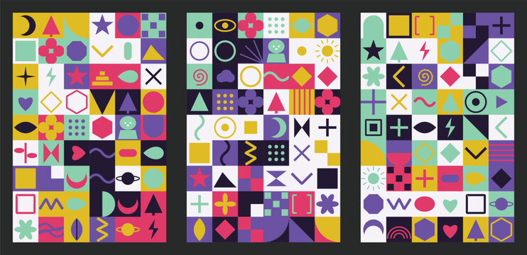 Abstract geometric pattern background with colorful shapes and icons, memphis style vector illustration