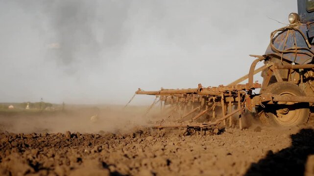 A close-up cinematic shot of a blue tractor's harrow cultivating the dry earth on a farm field. Dust and soil rise as the machinery moves through the land during spring planting season. Blooming trees