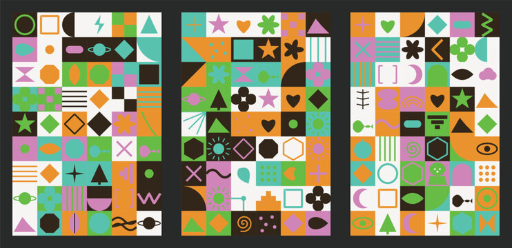 Abstract geometric pattern with colorful shapes and icons in green orange and purple