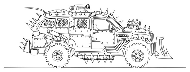 Post-Apocalyptic Armored Car with Spikes Continuous Line Art, Wasteland Survival Vehicle Minimalist Vector Illustration © ----WWWLINE----