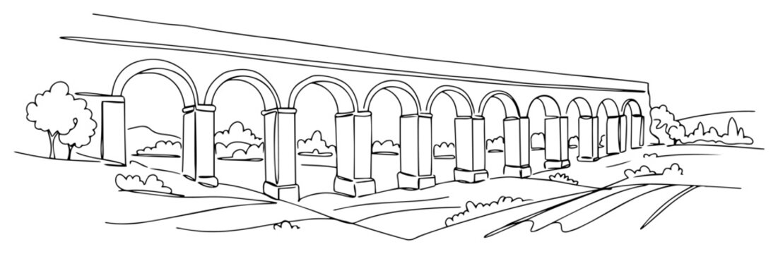 Ancient Roman Aqueduct Arch Bridge Continuous Line Art, Historical Architecture Landscape Minimalist Vector Illustration