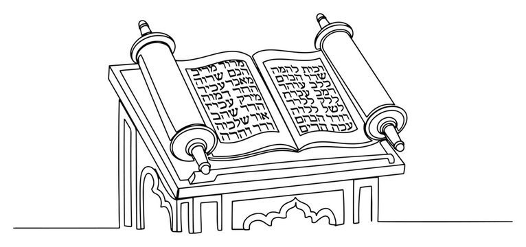 Jewish Torah Scroll on Bimah Continuous Line Art, Sacred Hebrew Scripture Minimalist Judaism Religious Vector Drawing