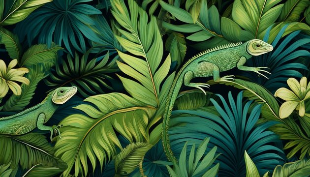 green tropical forest lizard seamless pattern