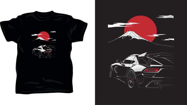 Modern sports car silhouette with mount fuji and red sun japanese landscape vector.