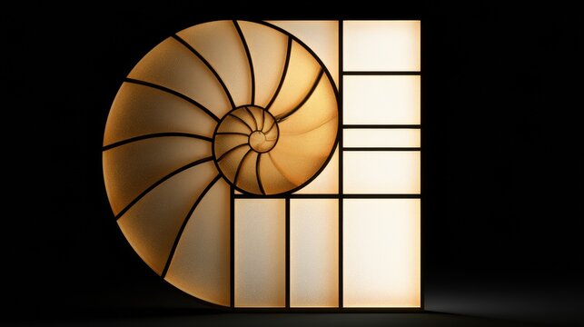 A Fibonacci spiral made of golden rectangles displays a warm gradient on a dark background, emphasizing mathematical beauty with clear space.