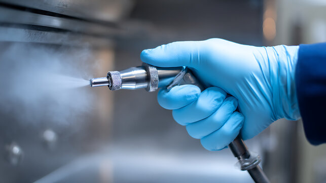 Industrial process with a gloved hand operating a spray gun, applying coating or cleaning a surface with precision and controlled mist