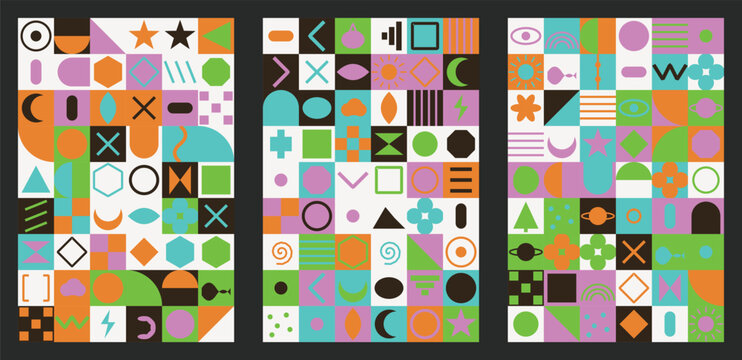 Abstract geometric pattern background with colorful shapes and icons, set of three vertical posters