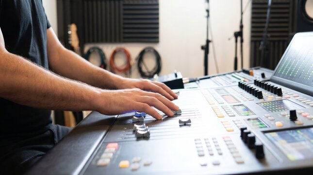 Audio engineer hands adjusting faders on a professional digital mixing console in a studio
