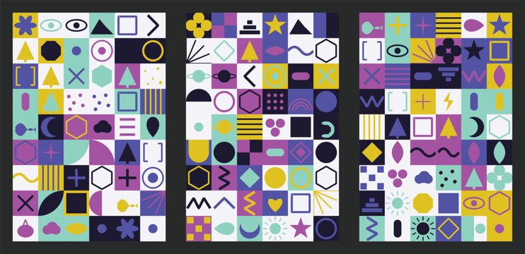 Creative abstract geometric pattern with purple, blue, and yellow shapes, set of three vertical layouts