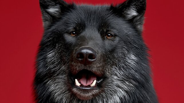 Black wolfdog looking directly at camera with mouth open in studio setting, furry animal portrait on red background