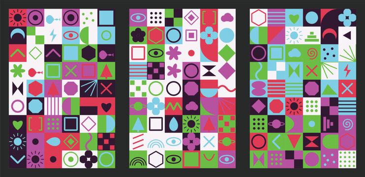 Abstract geometric pattern set with vibrant shapes and symbols in a modern minimalist grid design
