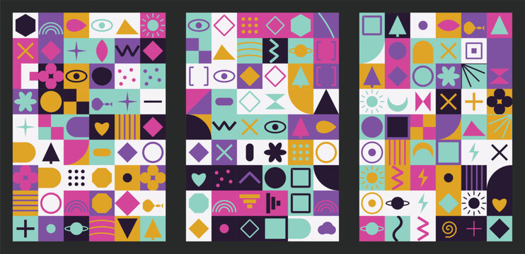 Modern geometric pattern set with abstract shapes in a colorful grid mosaic design