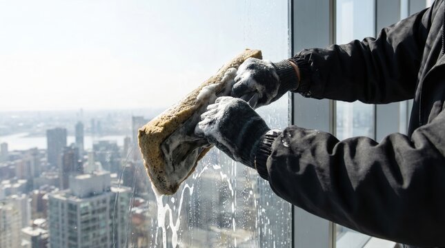 Window cleaner washing a high rise skyscraper glass window with a soapy sponge