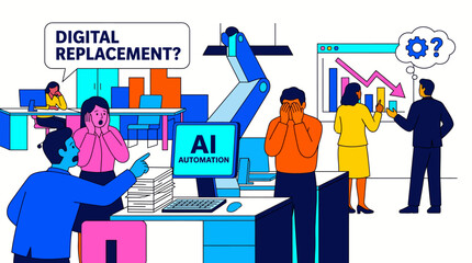 Naklejka premium AI Automation Threatens Jobs, Causing Workplace Anxiety and Disruption