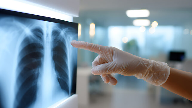 Medical professional points to a human chest X-ray on screen, highlighting details of bones in a bright, modern clinic environment