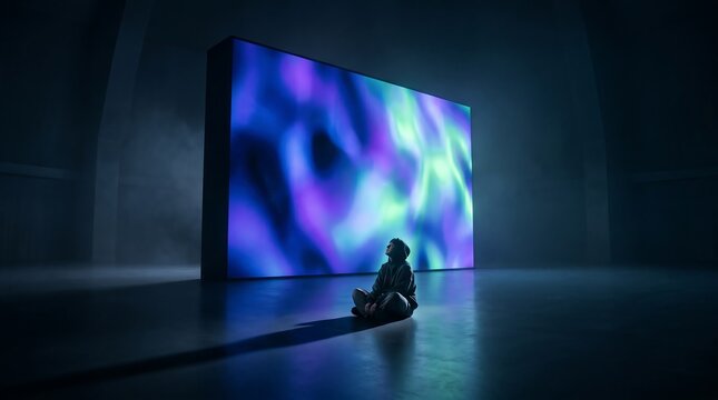 Person sits in awe before a large, glowing, abstract art display on a dark stage, immersed in vibrant blue and purple lights