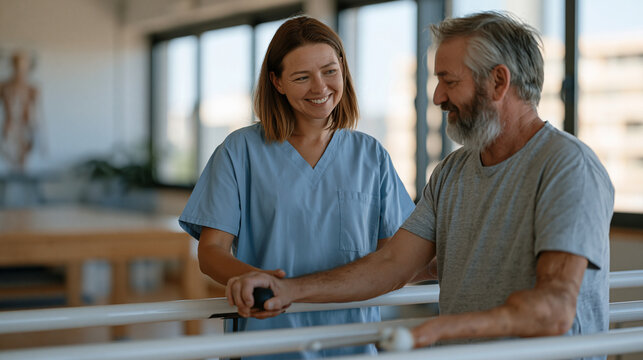 Female veteran occupational therapist works with an amputee patient in a rehabilitation gym, guiding hand and wrist exercises using grip training tools, afternoon light falling across parallel bars,