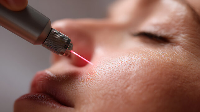 Close-up of a person receive a precise cosmetic skin treatment, with a focused red laser beam targeting a small area on the face for beauty and care