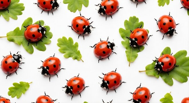 Realistic Red Ladybug Beetles Scattered with Green Oak Leaves Pattern on White Background