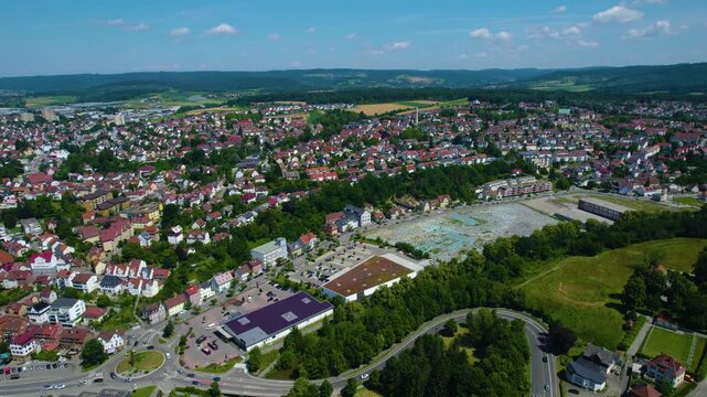 Aerial view of the city Backnang in Germany on a sunny day in spring.