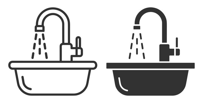 kitchen sink and faucet icon set with running water illustration on transparent background