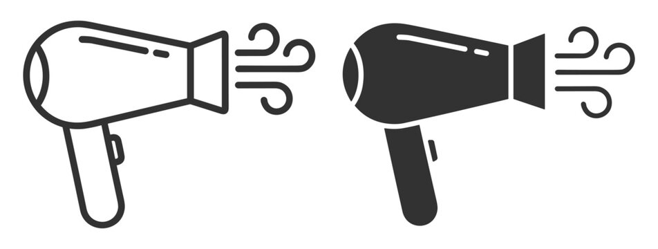 hair dryer icon set in line and solid styles on transparent background