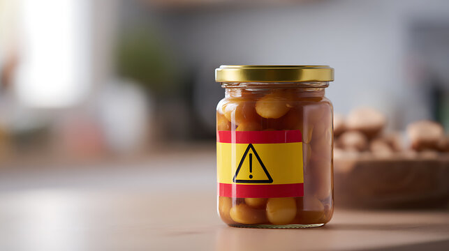 Glass Jar of Prepared Food with Allergy Warning Label on a Kitchen Countertop, Focus on Food Safety and Awareness, Health Concept
