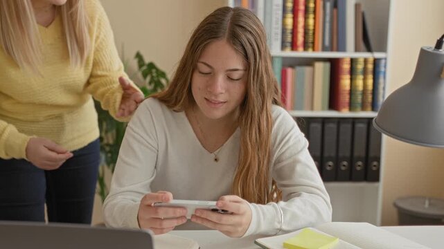 Woman guiding daughter with laptop, notebook and smartphone, hand pointing to open notes at a study desk in a building; encouragement study focus.
