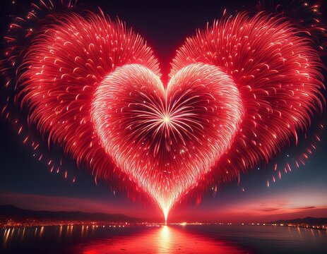 vibrant red fireworks exploding in heart shape at night