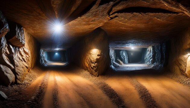 interior panorama of underground mine shaft dark corridors inside abandoned stone quarry