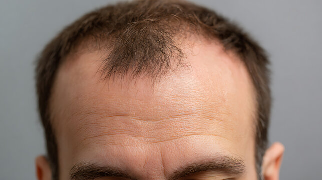 Close-up of a person's upper forehead showing early signs of hair loss or receding hairline, indicating male pattern baldness or thinning hair